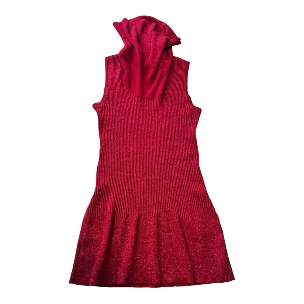 Ribbed Red Cowl Neck Tunic Sweater Women’s Medium Parisian Chic Minimalist